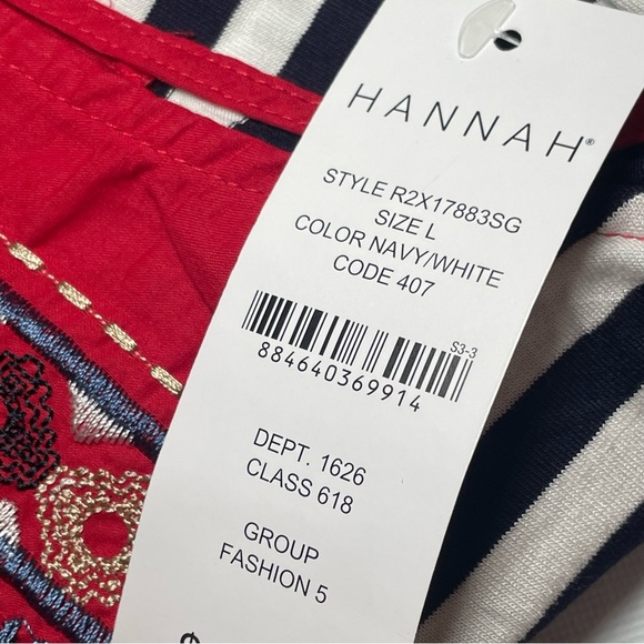 Hannah Blue White Stripe Red Boho Sleeveless Top Tassels Embroidery Large NWT - Picture 6 of 9